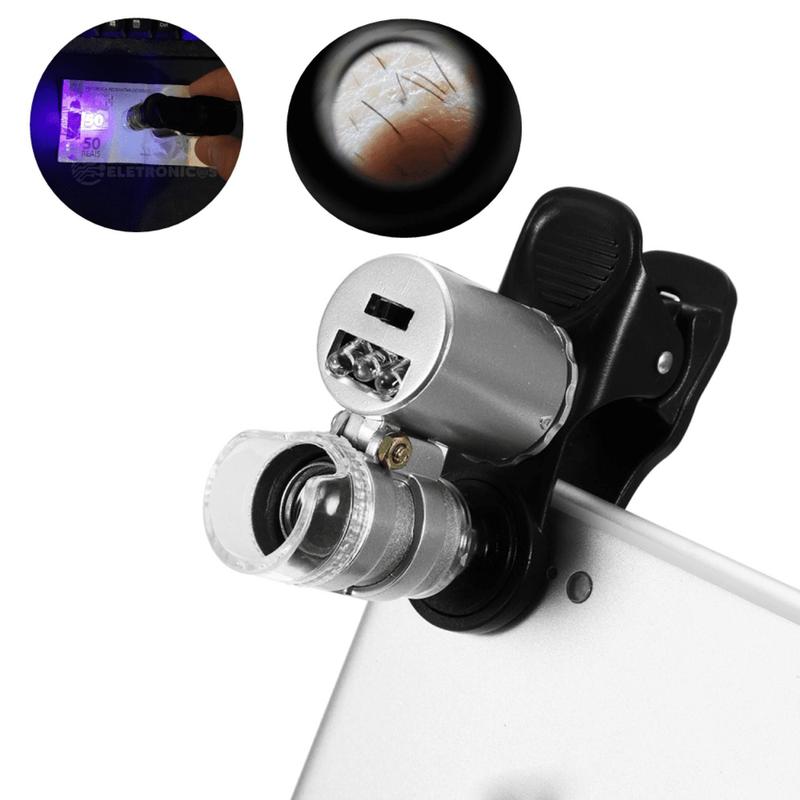Mini Microscópio Lupa Lente Zoom 60x Com Clip Led Uv Para Celular